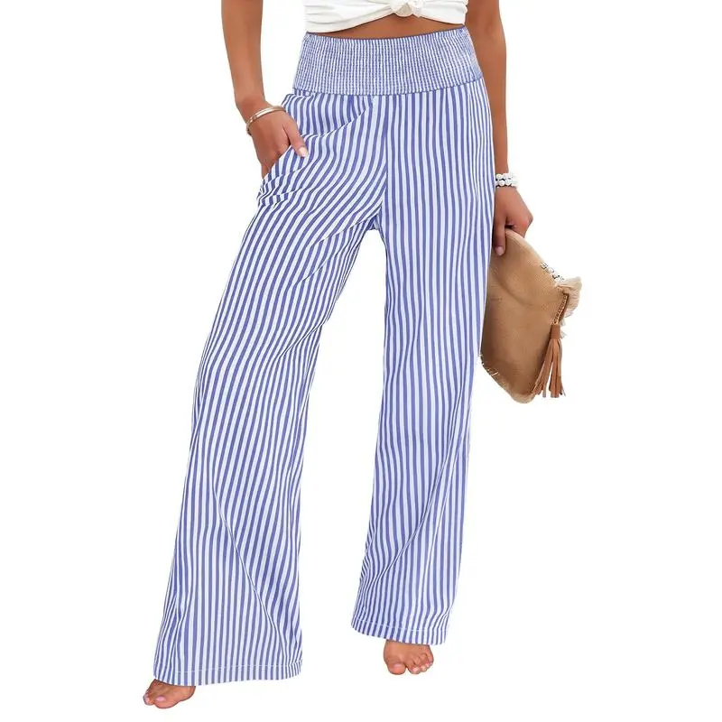 Women's High-Waisted Casual Striped And Checkered Wide-Leg Pants