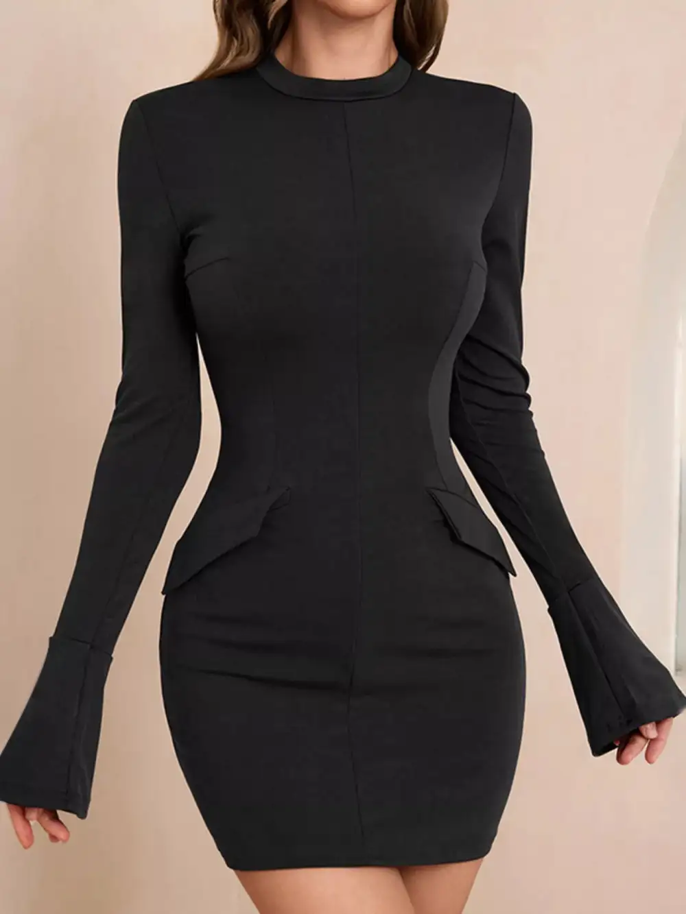 Bodycon Mock-Neck Bell-Sleeve Mini Dress