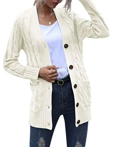 Women's Long Sleeve Cable Knit Sweater Open Front Cardigan Button Loose Outerwear