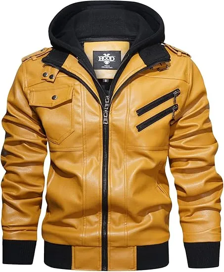 🧥 Men’s Casual Stand Collar PU Faux Leather Motorcycle Jacket with Removable Hood