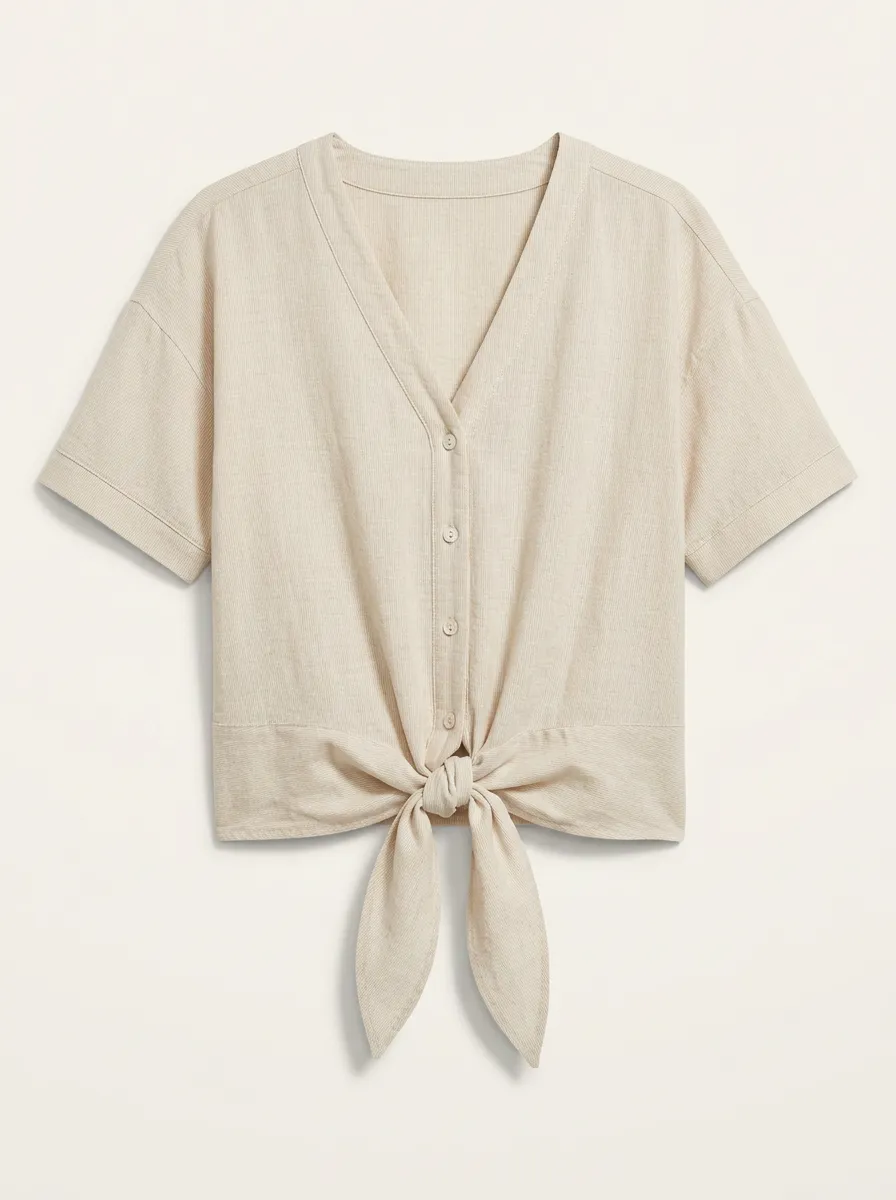 Women's Casual V-Neck Tie-Front Button-Down Linen Blend Top