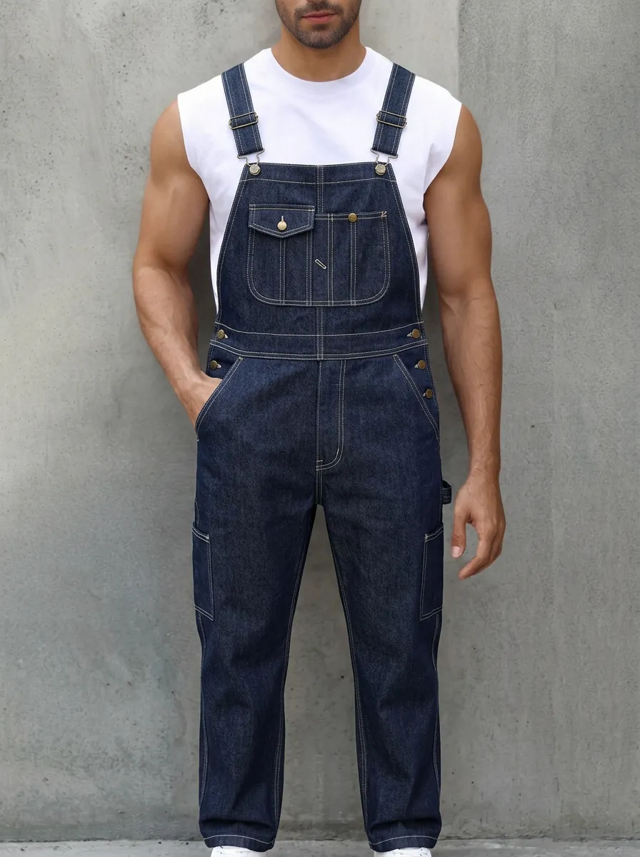 Men's Casual Workwear Dark Denim Bib Overalls