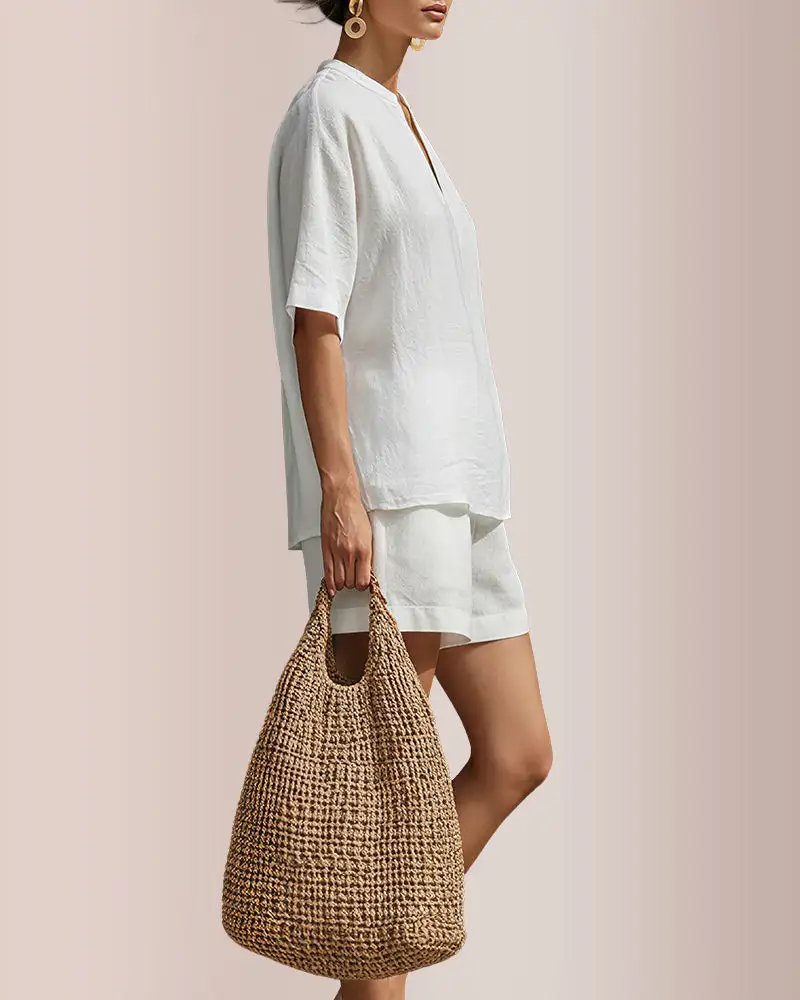 Linen Blend V-Neck Top and Shorts Two-Piece Set