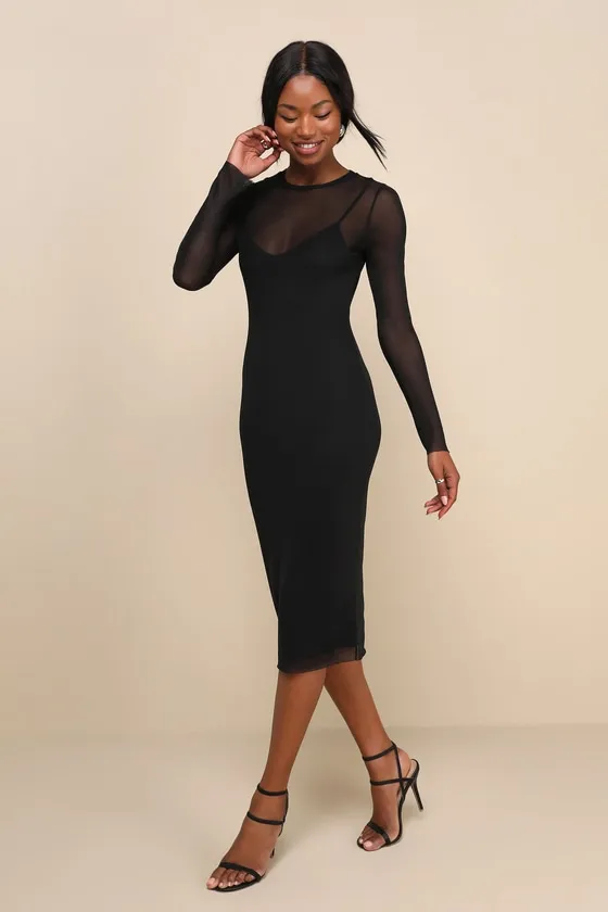 Perfect Plans Black Sheer Mesh Long Sleeve Midi Dress