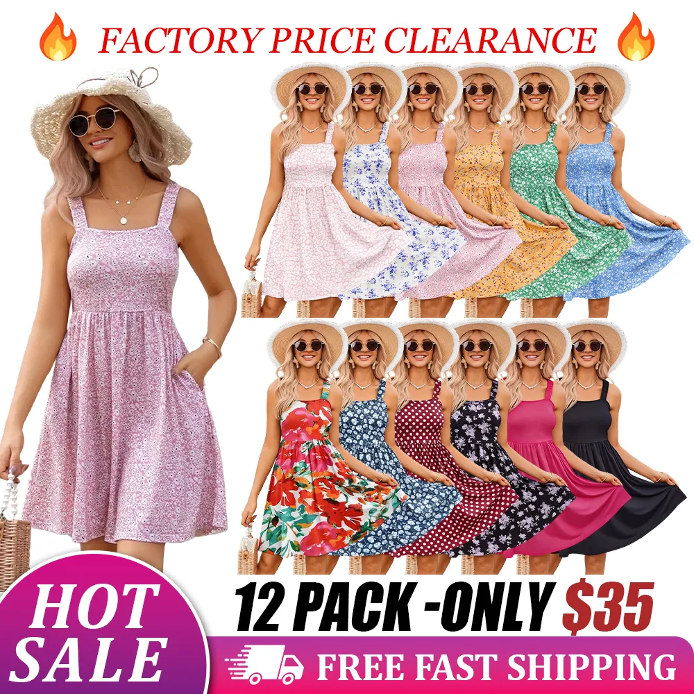 Women's Summer Dress Floral Square Neck Sleeveless Casual Dress