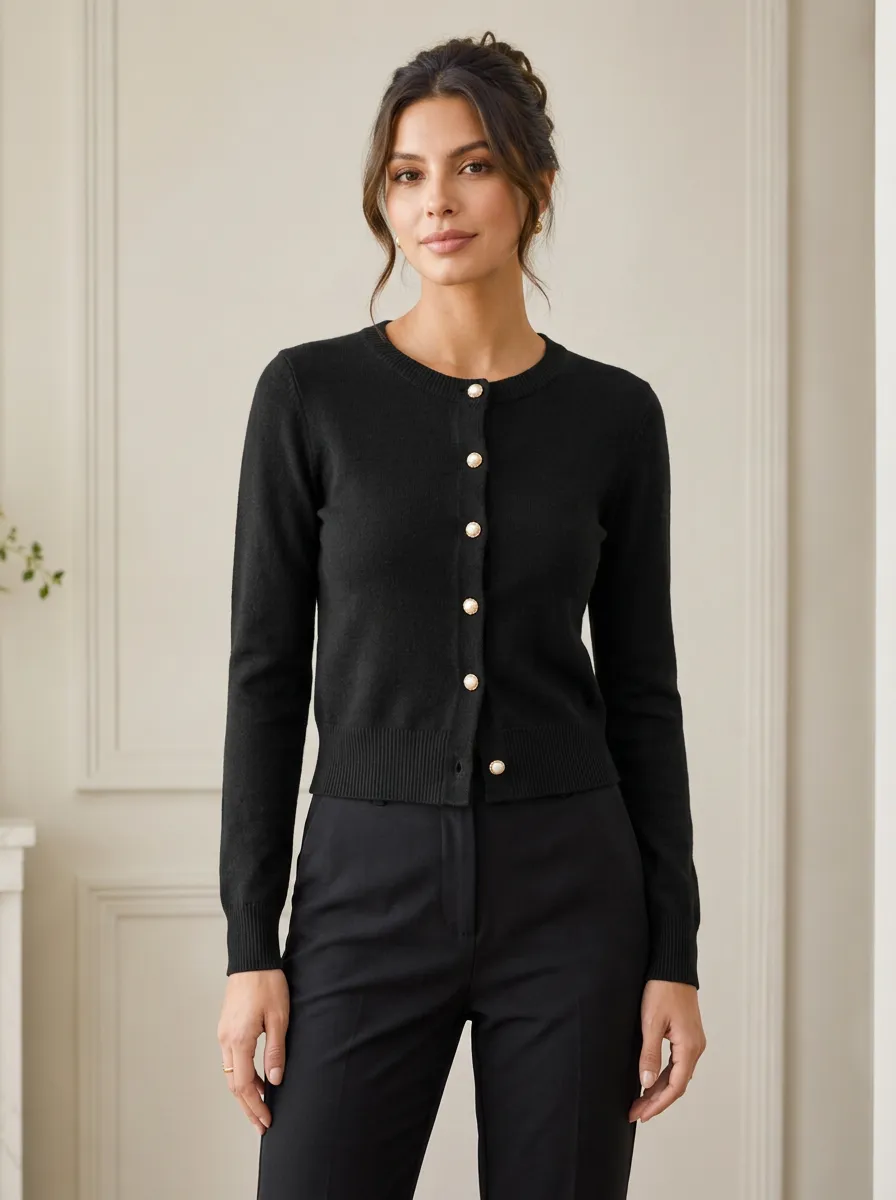 Women's Classic Black Pearl Button Knitted Cardigan