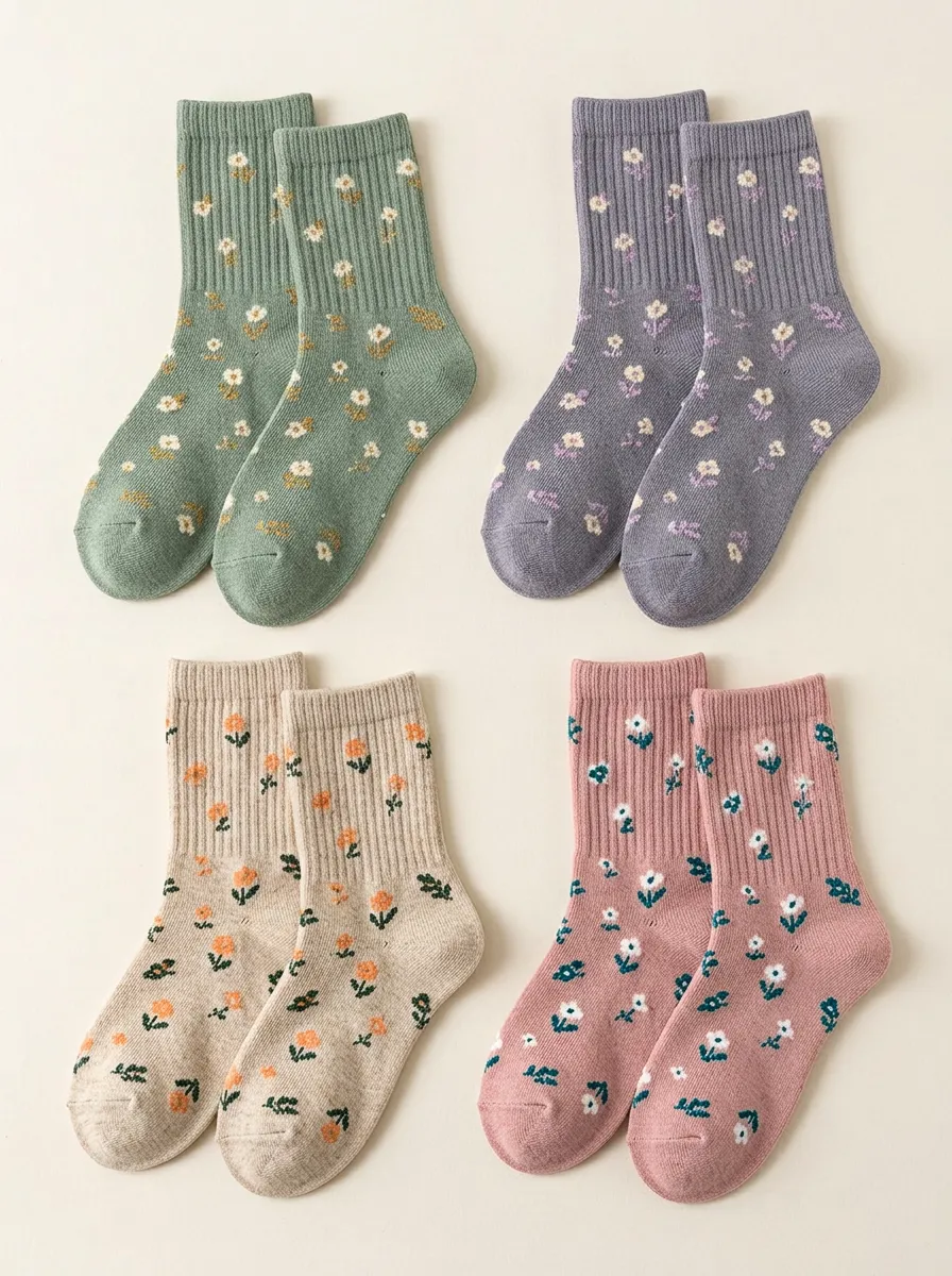 Women's Small Scale Floral Ribbed Crew Socks Four Pair Set