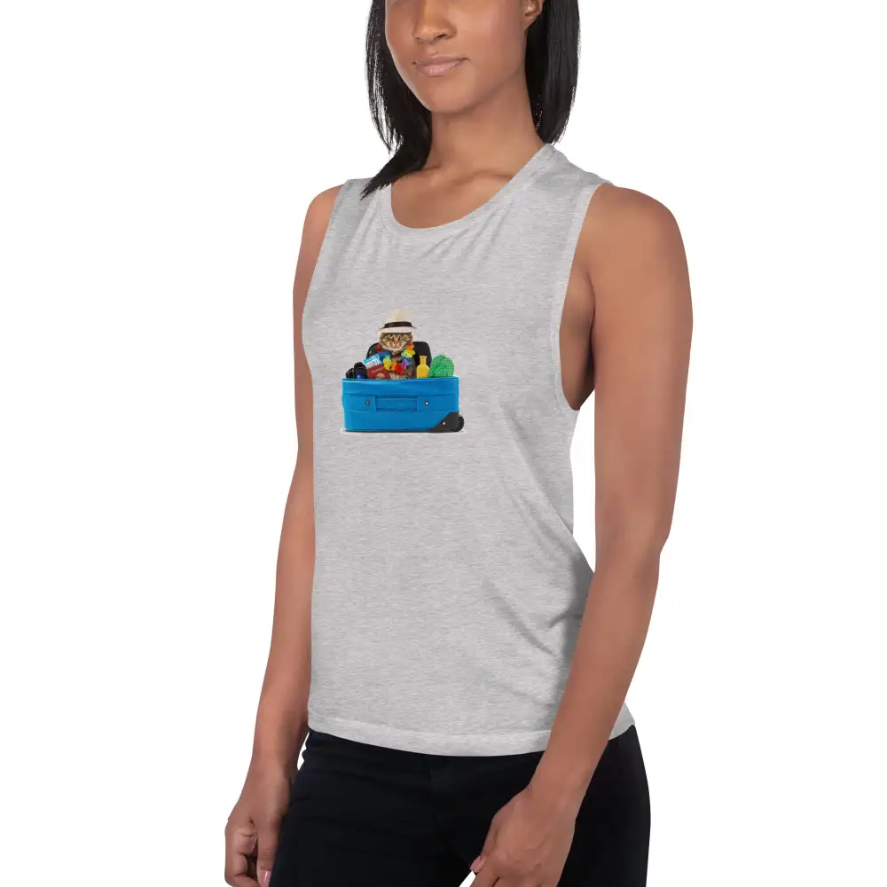Graphic Ladies Muscle Tank Cat Tourist Tank Top