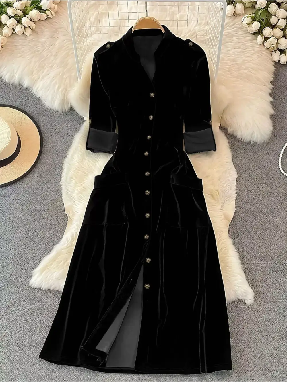 Velvet Button Front Midi Dress