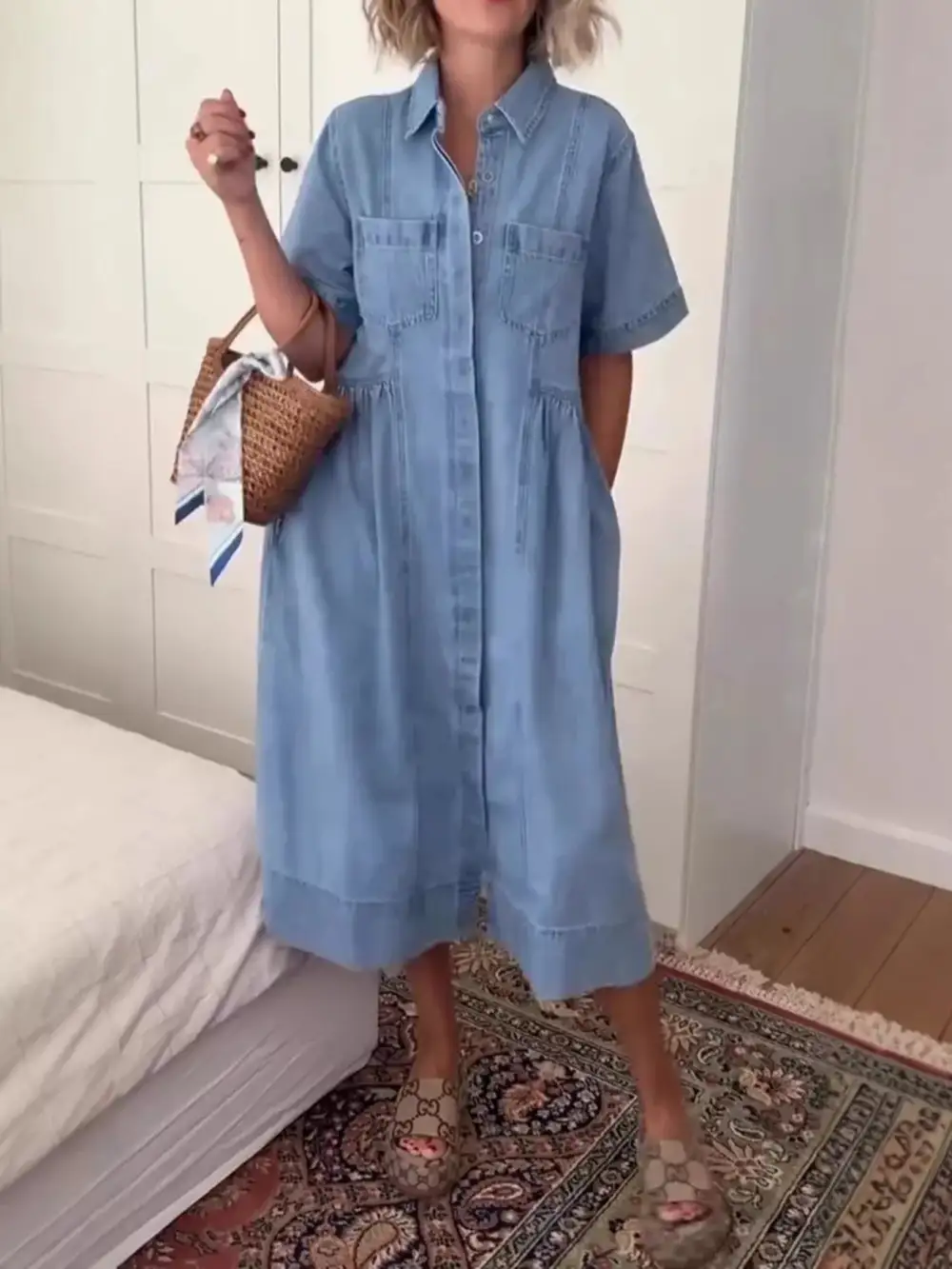 Denim Button Front Midi Dress