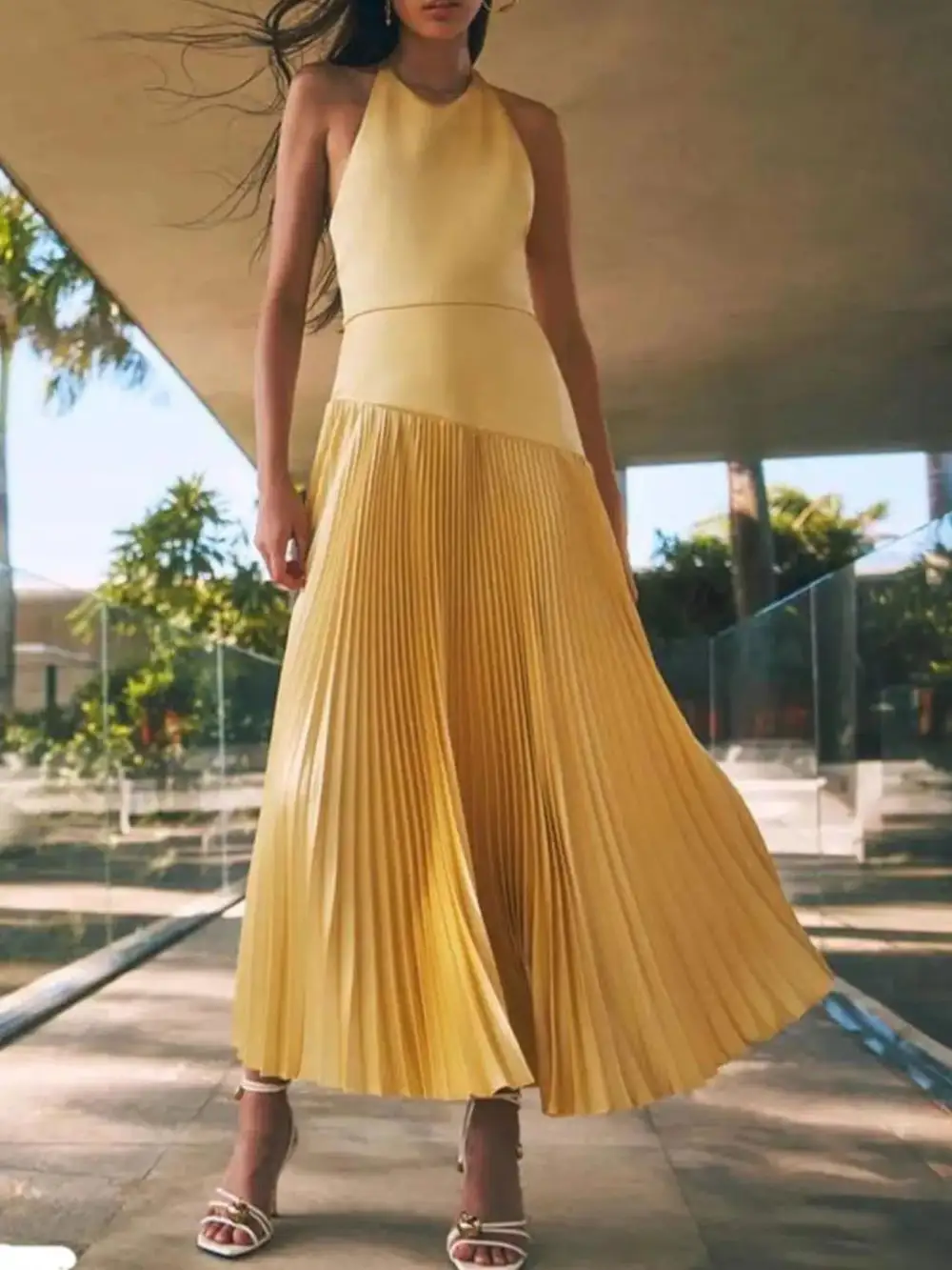 Pleated Halter Cotton Maxi Dress
