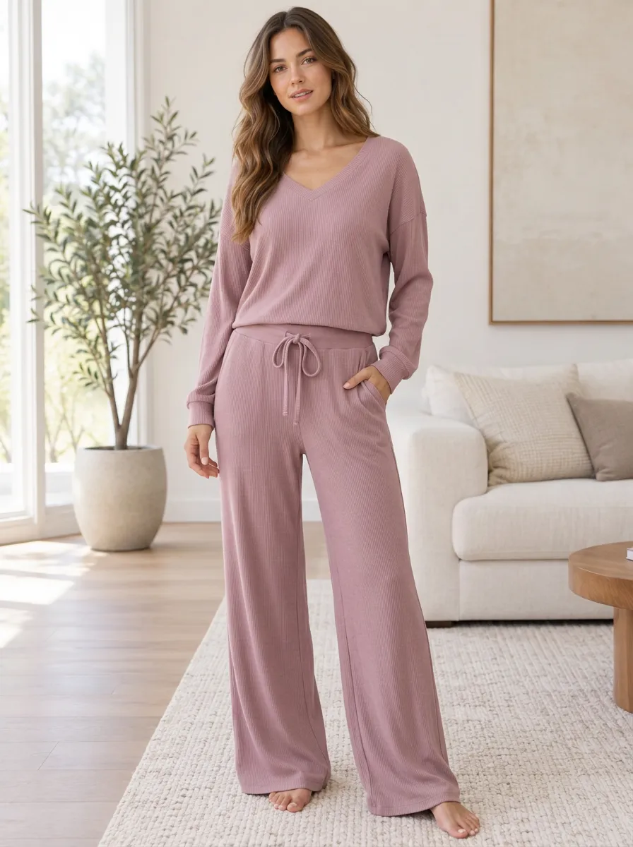 Women's Ribbed Laid Back Homewear Wide Leg Lounge Co-Ord
