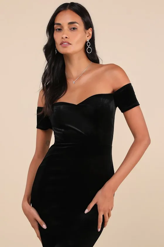 How Much I Care Emerald Green Velvet Off-the-Shoulder Midi Dress