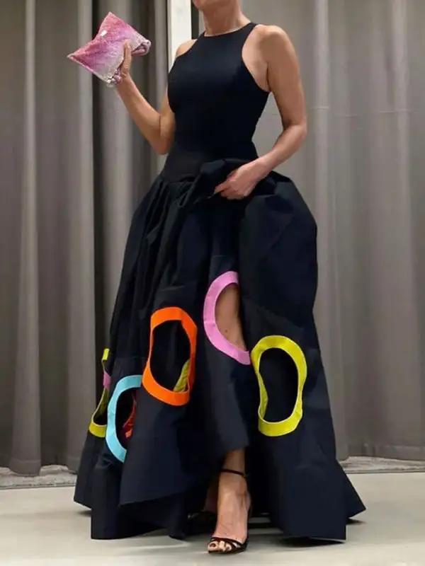 Hollow Pleated Sleeveless Neck Maxi Dress