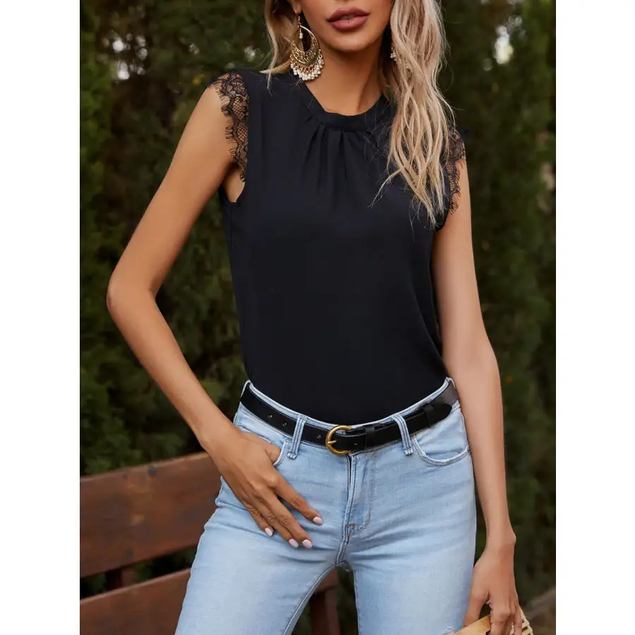 Lace Detail Ruched Round Neck Tank