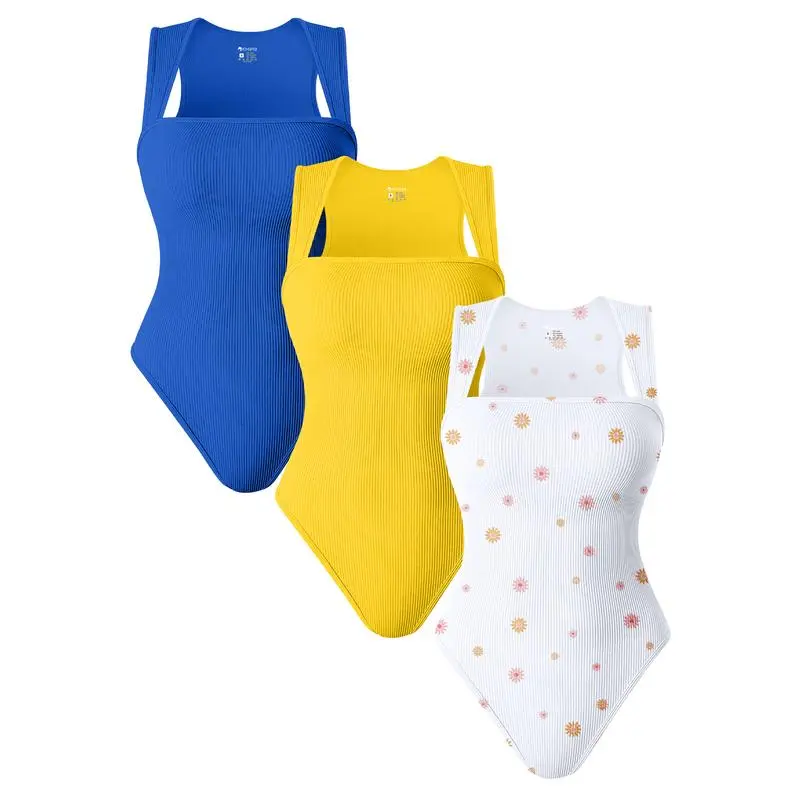 Womenswear 3 Piece Bodysuits Stretchy Underwear Sexy Ribbed Square Neck Sleeveless Stretchy Tank Tops Bodysuits Soft Lady