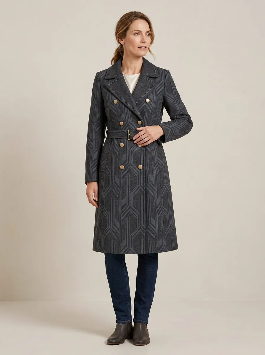 Women's Geometric Pattern Double-Breasted Printed Coat