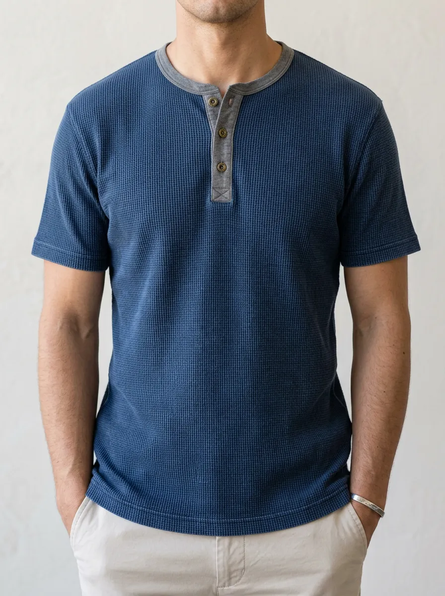 Men's Training Inspired Waffle Knit Button Placket Henley Shirt