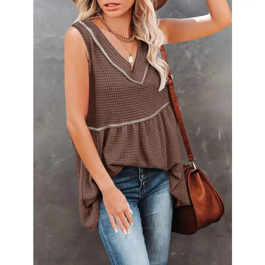 V Neck Waffle Knit Tank Top With
