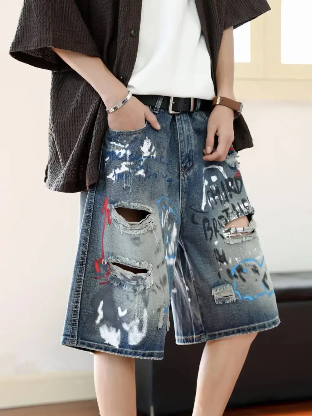 Men's Plus Size Distressed Loose Fit Denim Shorts