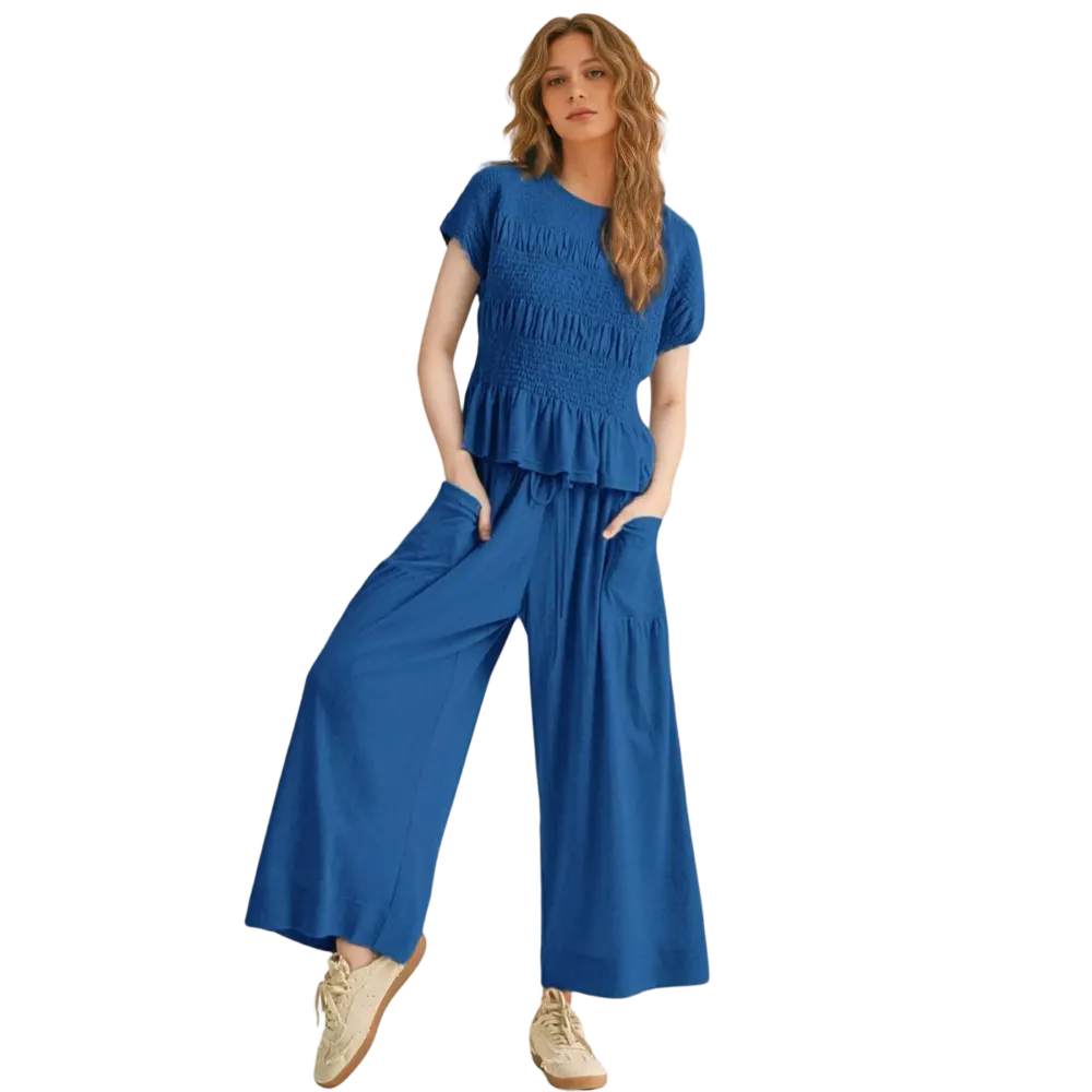 Women's Boho Chic Pleated Top & Wide-Leg Set