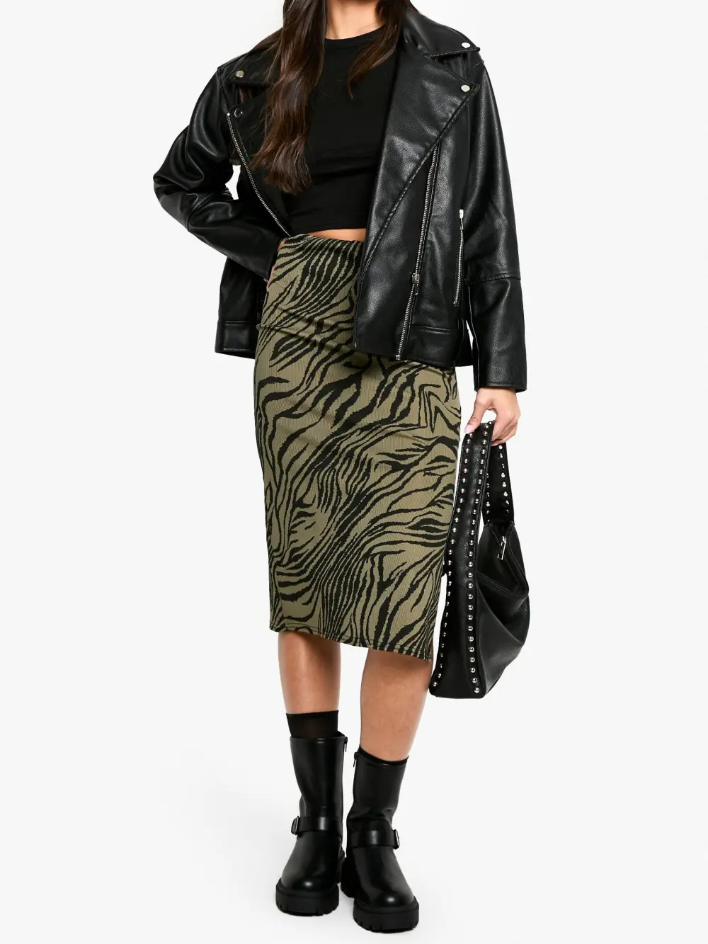 ZEBRA PRINT RIB SIDE SPLIT MIDI SKIRT