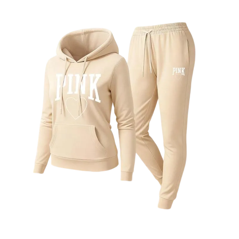 Women's Pink Heart Print Hair And Sunglasses Hoodie And Drawstring Track Pants Set
