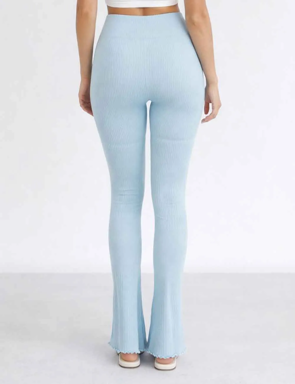Casual Ribbed Ruffle Hem Elastic Waist Flared Leg Pants