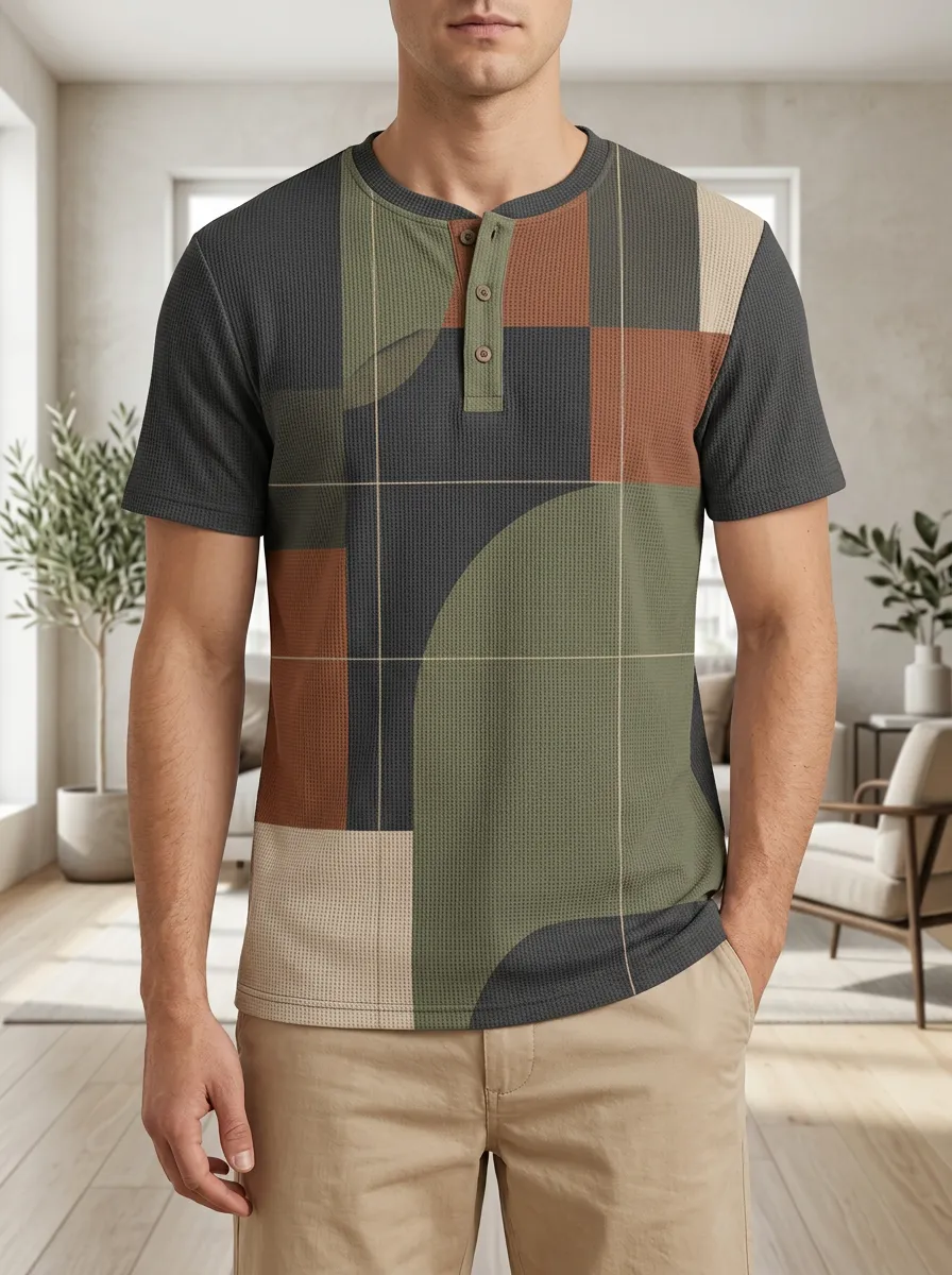 Men's Geometric Abstract Colorblock Printed Henley T-shirt