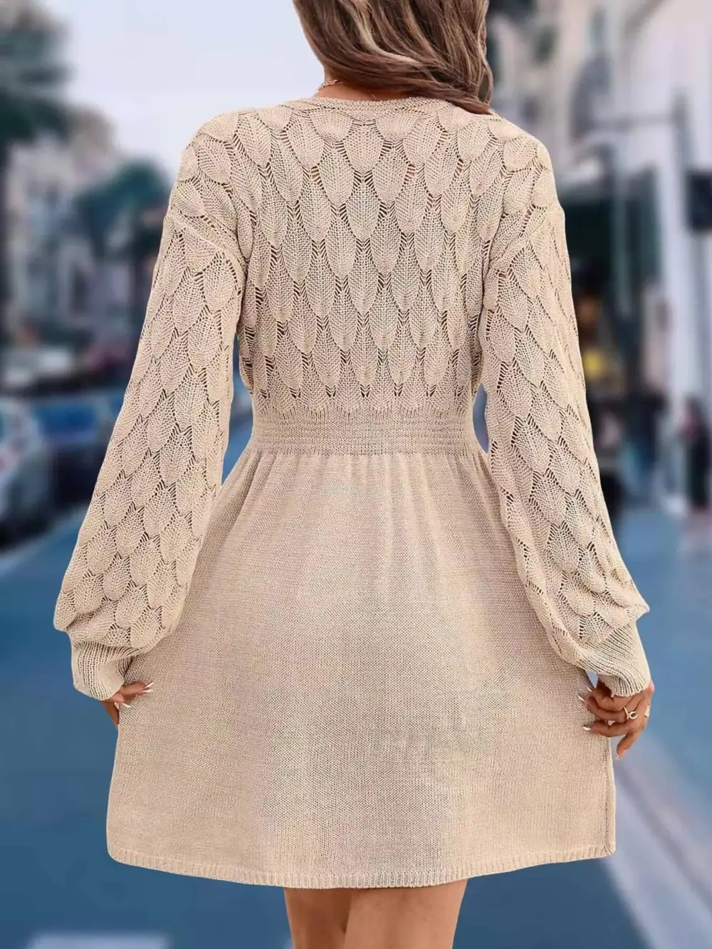 V-Neck Long Sleeve Sweater Knit Dress
