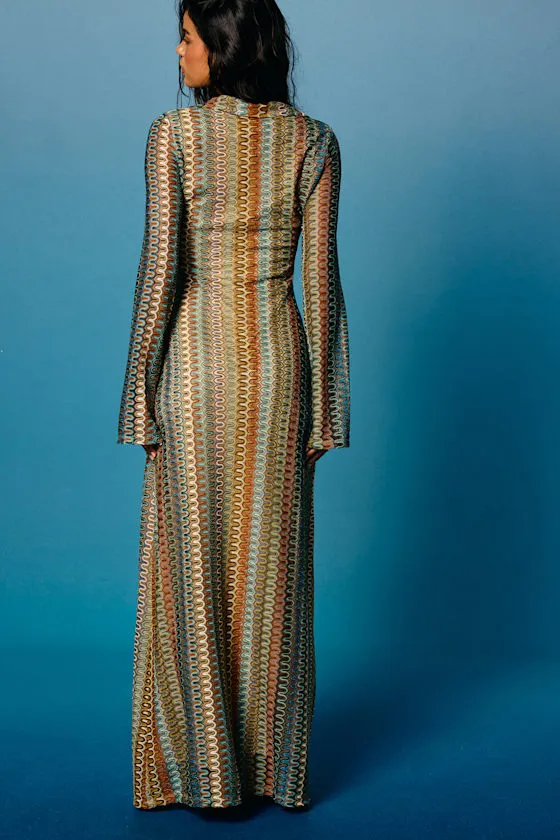 Vernazza Brown Multi Crochet Collared Long Sleeve Maxi Dress