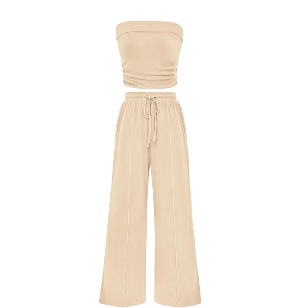 Women's Summer Outfits 2 Piece Sets Casual Ribbed Knit Crop Top & Wide Leg Pants