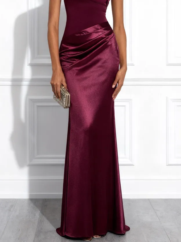 One Shoulder Satin Pleated Maxi Dress