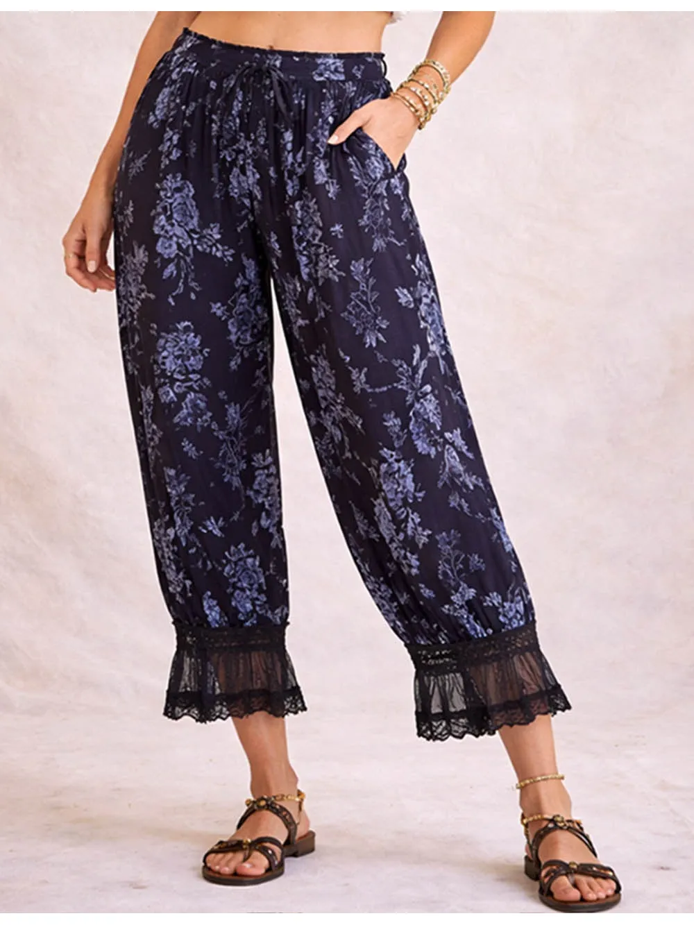 Lace Hem Flocked Elastic Waist Lantern Pants