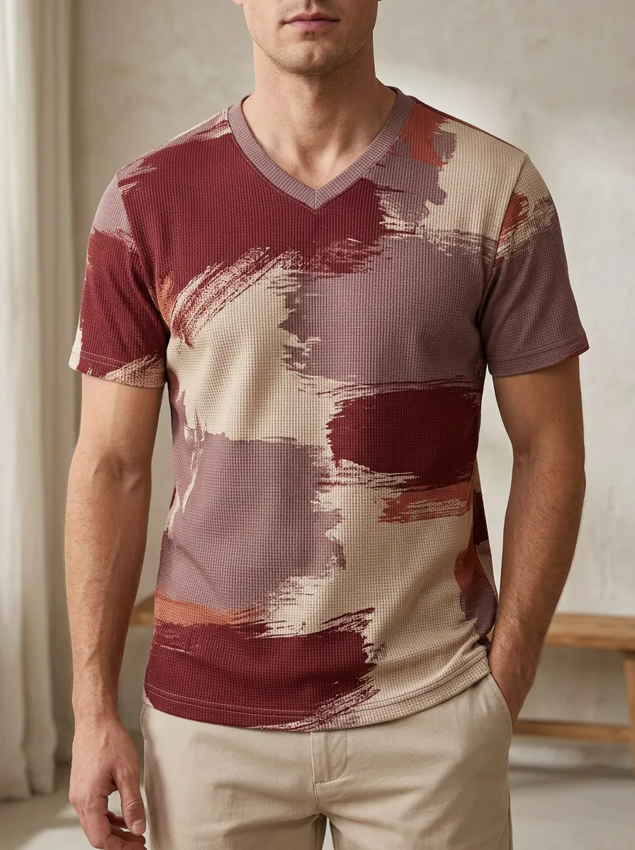 Men's Dynamic Abstract Brushstroke Waffle Knit V-Neck T-Shirt