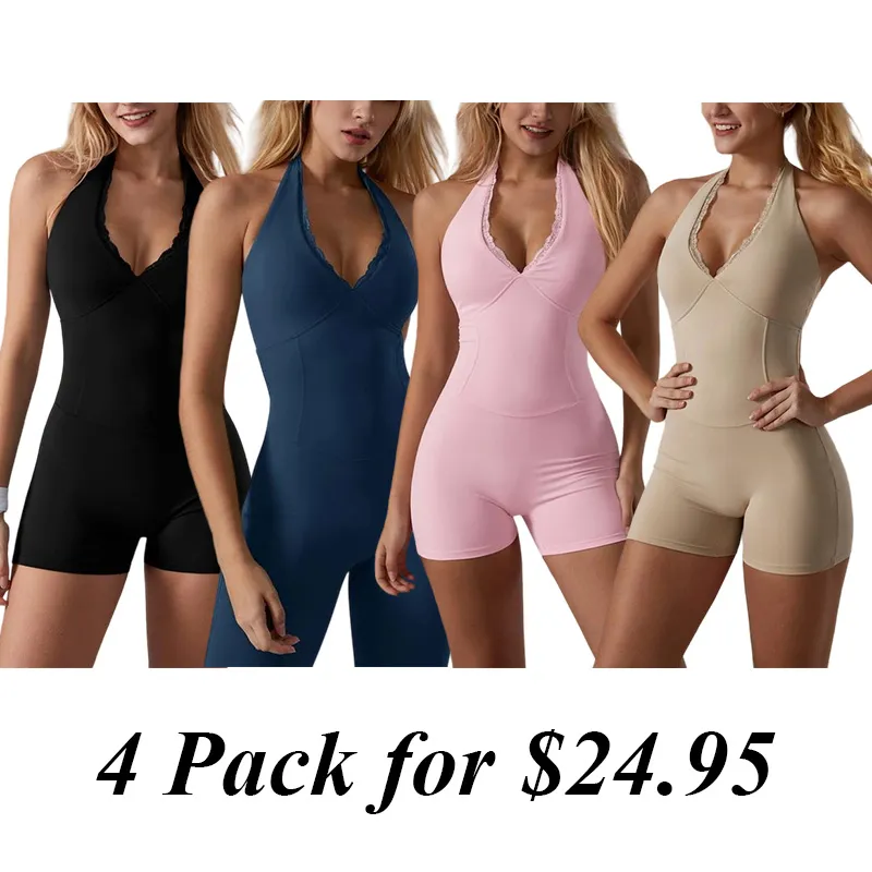 Backless Halter Activewear With Lace Trim