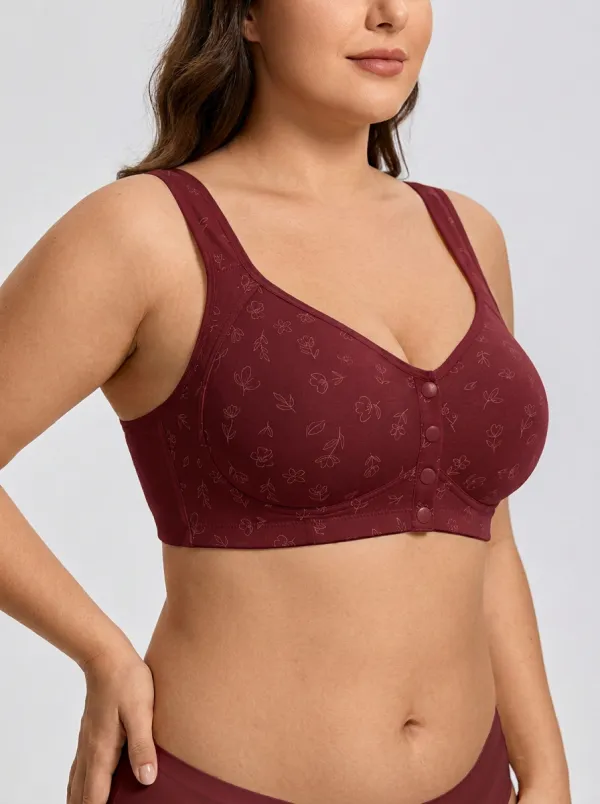 Women's Plus Size Beige Floral Outline Front-Closure Full-Coverage Wireless Bralette