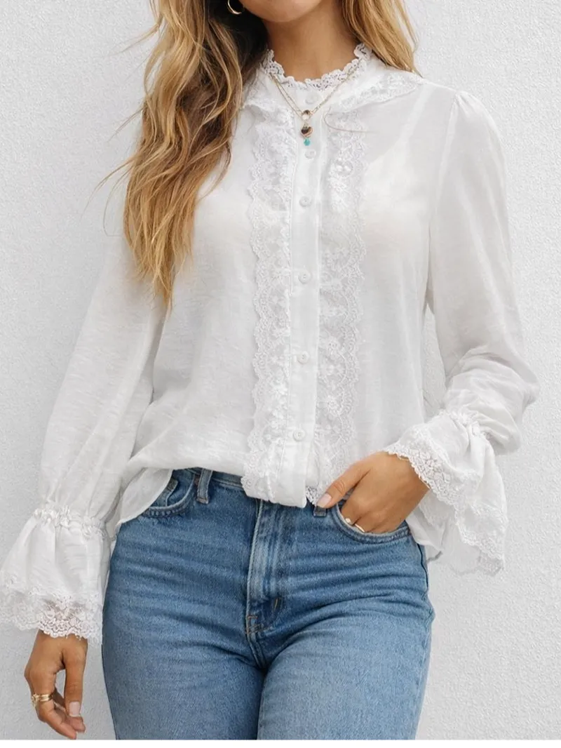 Chic Lace Stand Neck Button Front Flared Sleeves Blouse
