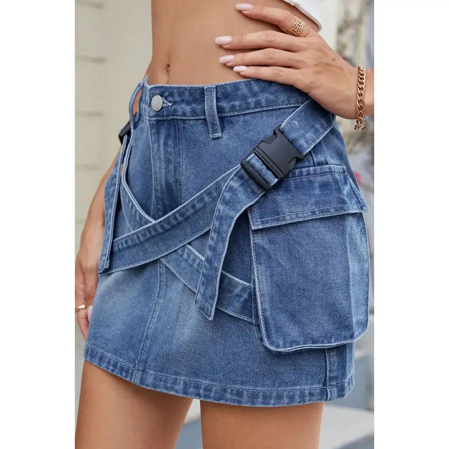 Criss-cross Waist Detail Denim Mini Skirt