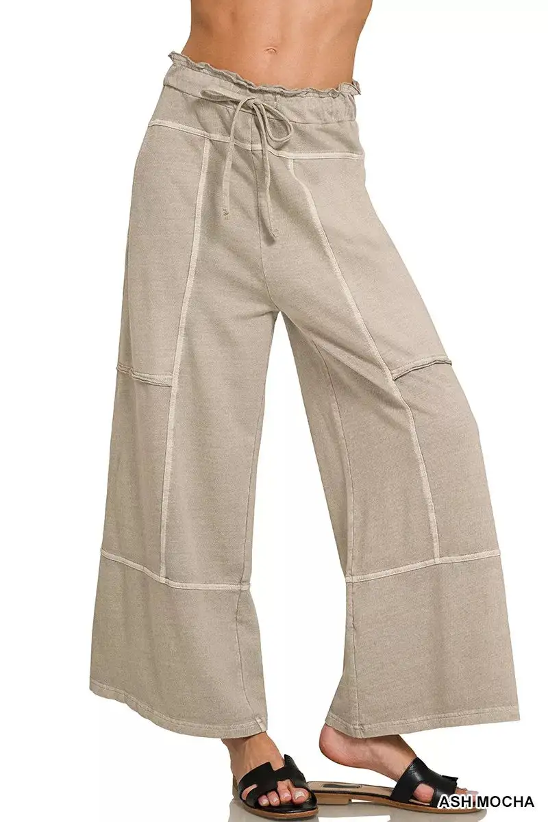 French Terry Washed Exposed Seam Wide Leg Pants