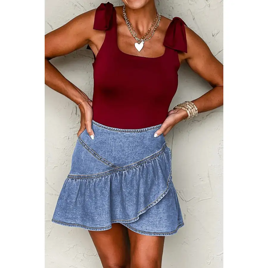 Asymmetric Ruffle Overlay Denim Mini Skirt