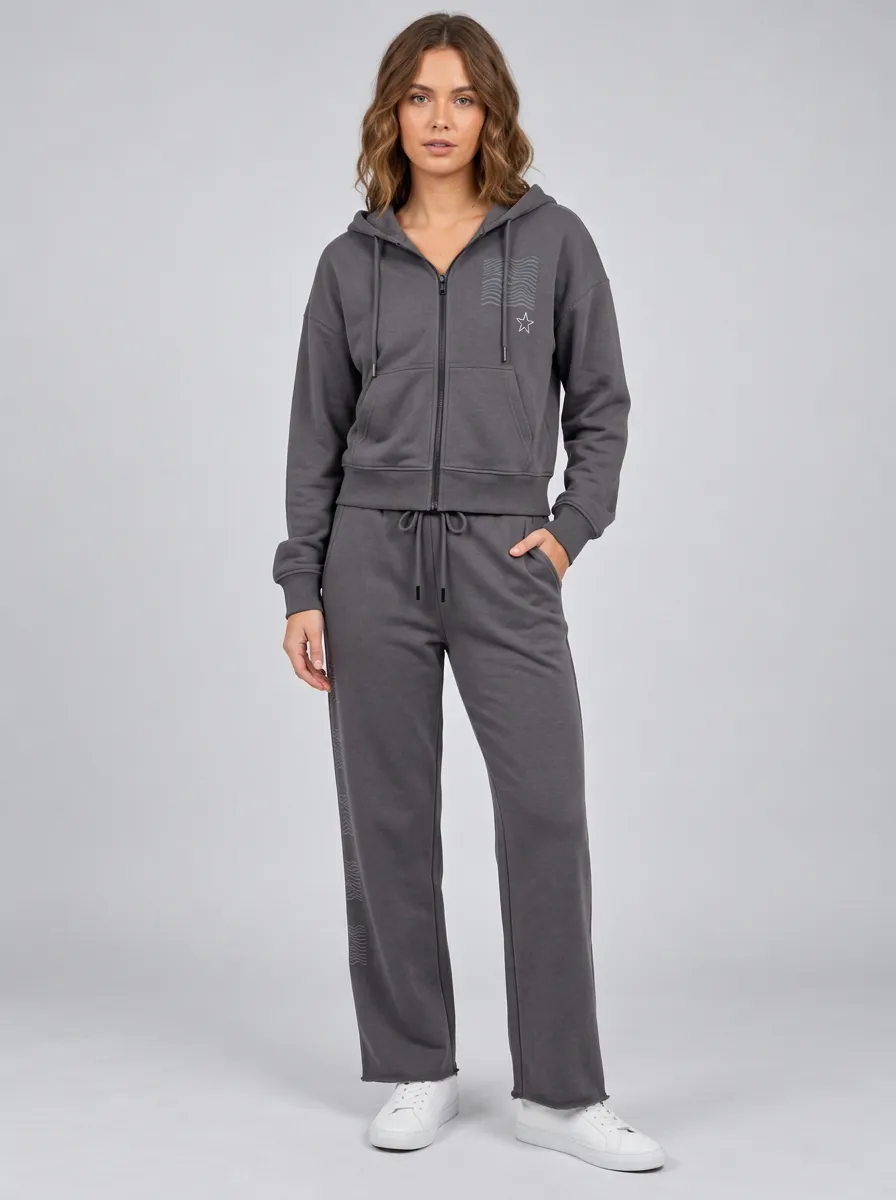 Women's Charcoal Wide-Leg Joggers Zip-Up Hoodie Jacket & Jogger Set