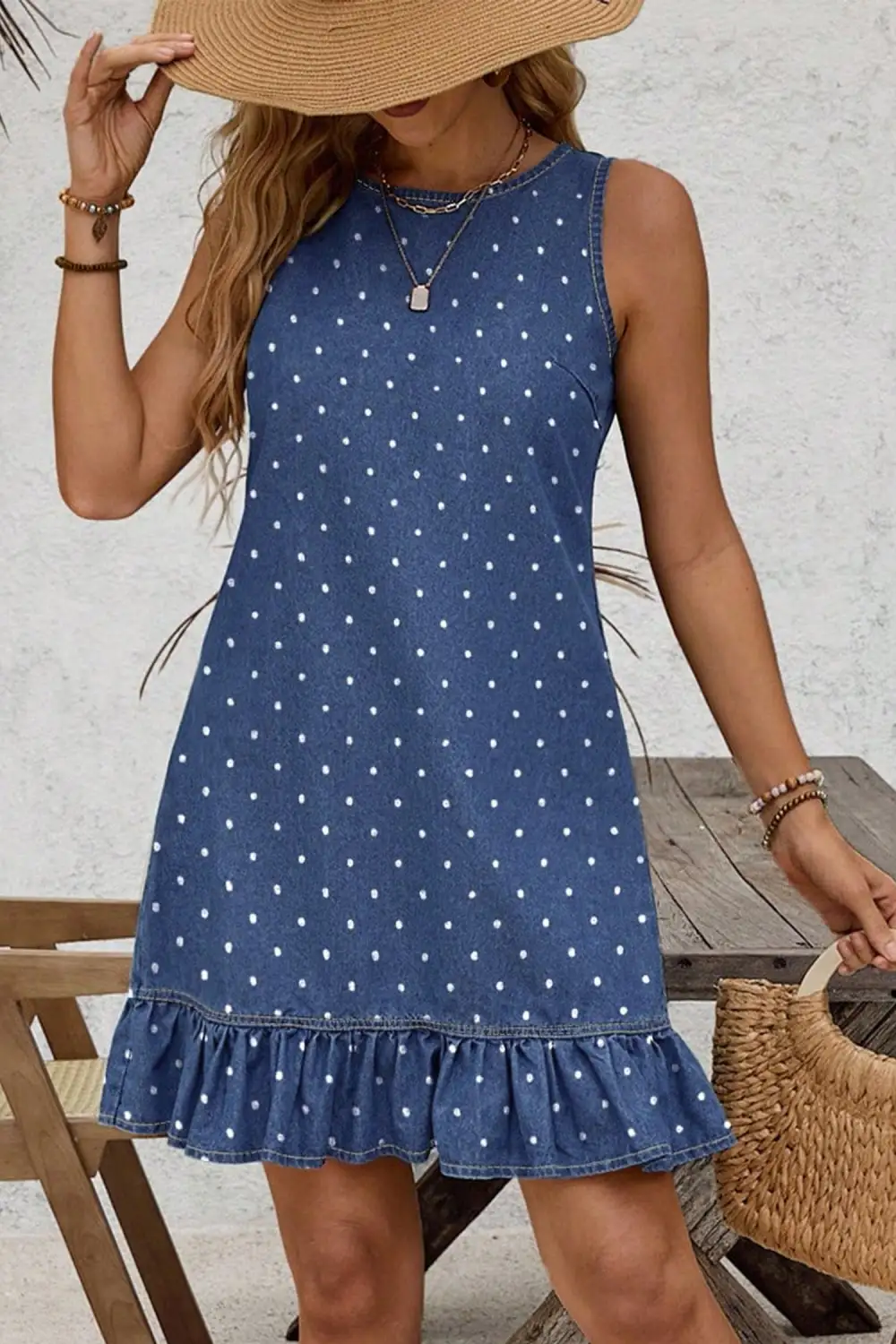 Polka Dot Ruffle Hem Sleeveless Shift Dress Mini Vacation