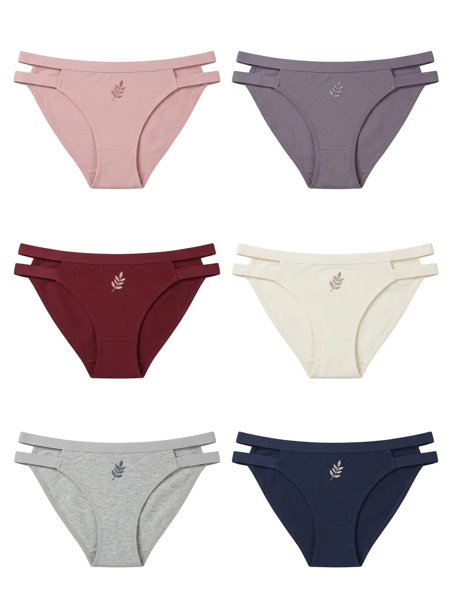 Women's Cutout Double-Strap Center-Front Leaf Embroidered Bikini Briefs Six Pack