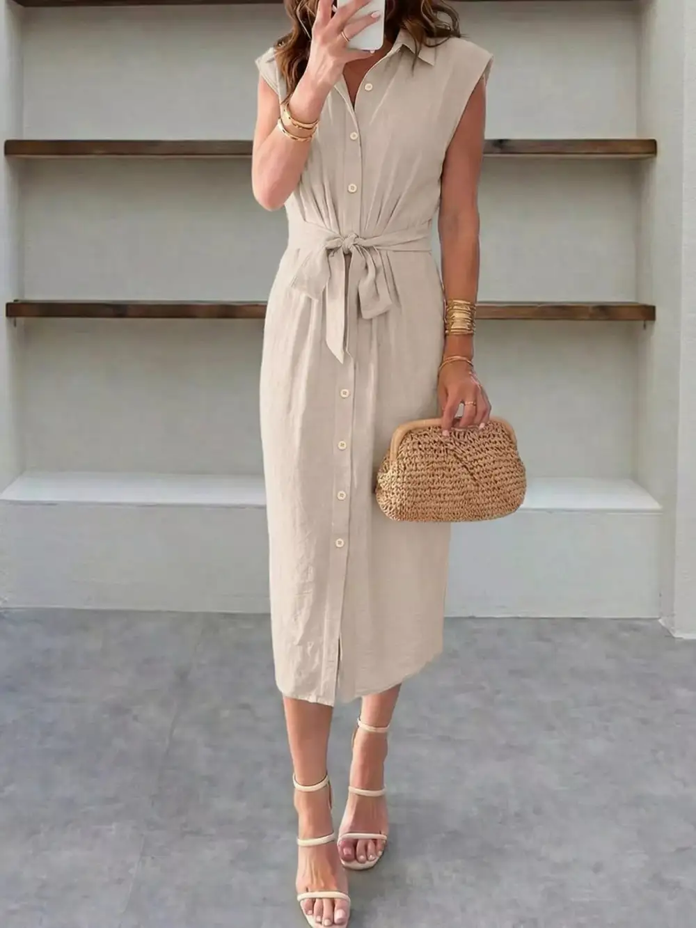 Button Front Tie Waist Sleeveless Midi Dress
