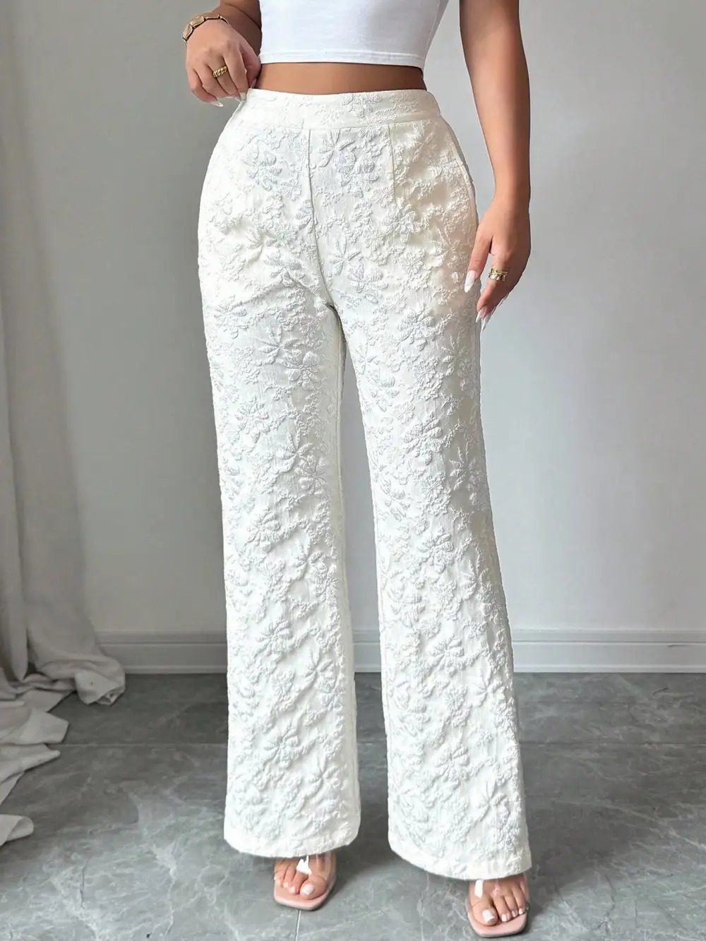 Wide Leg High Waist Textured Pocketed Pants