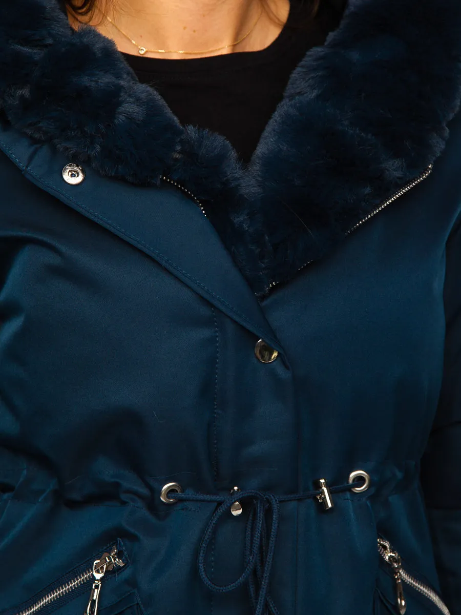 Dark blue women's winter parka with hood