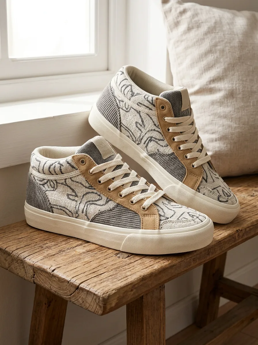Women's Boho Floral Line Art Printed Canvas Sneakers