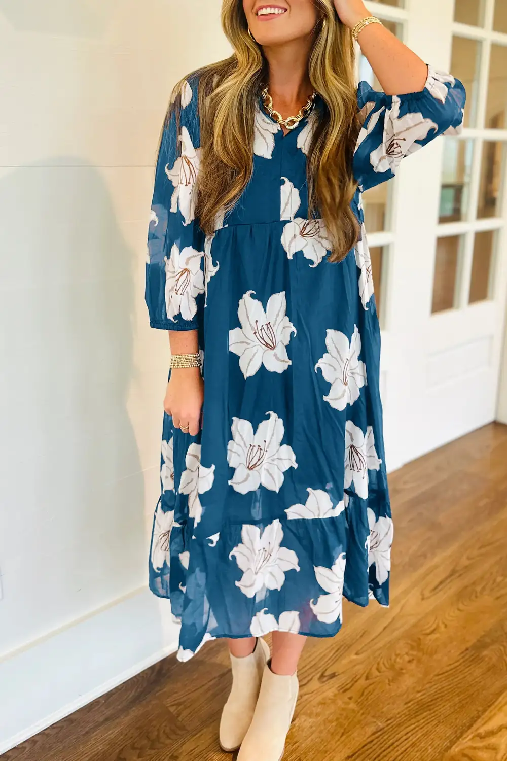 Polished Detail Floral Printed V Neck Midi Dress