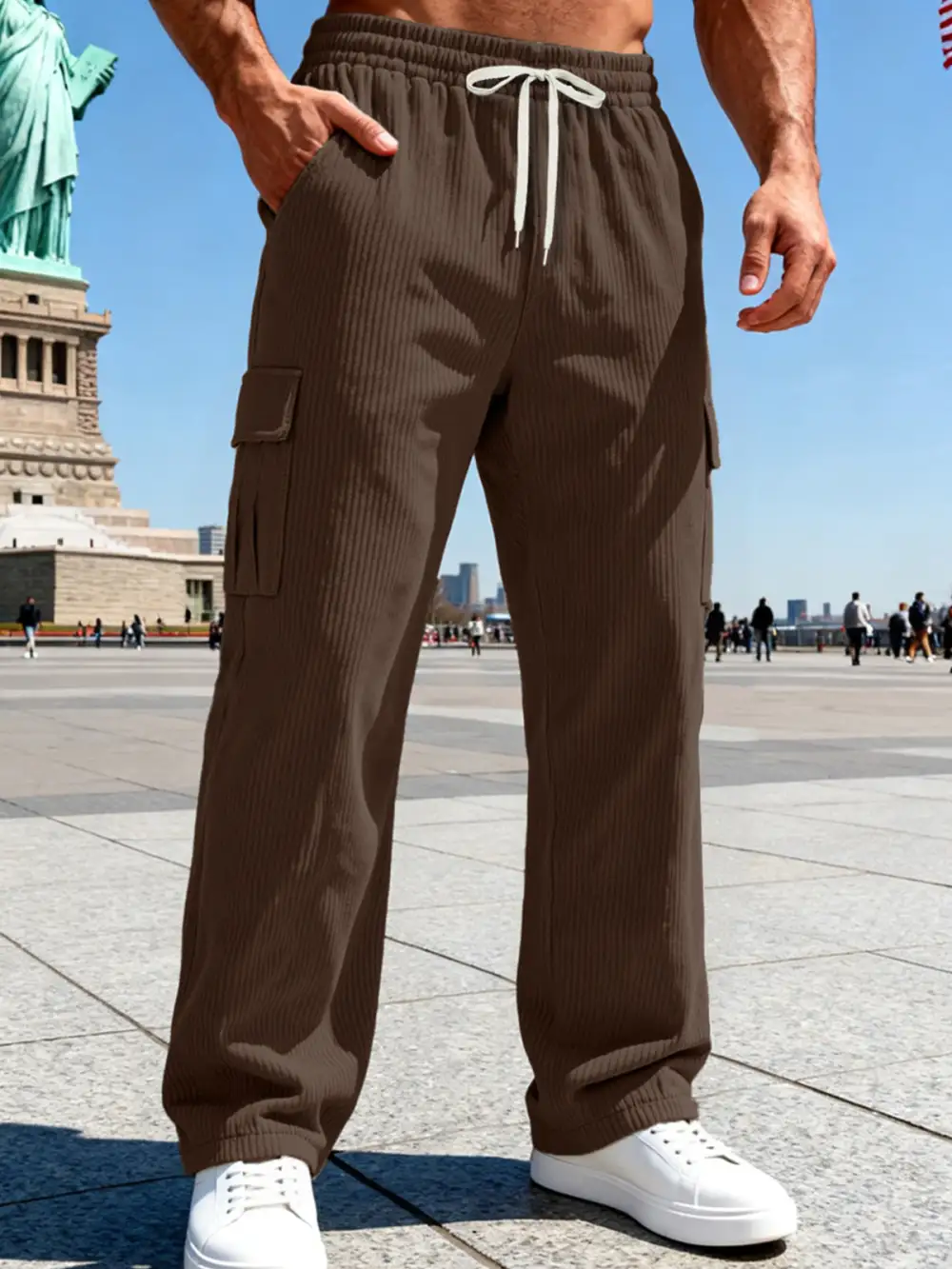 Men's Knitted Cargo Pants Waistband Pockets Cargo Pants
